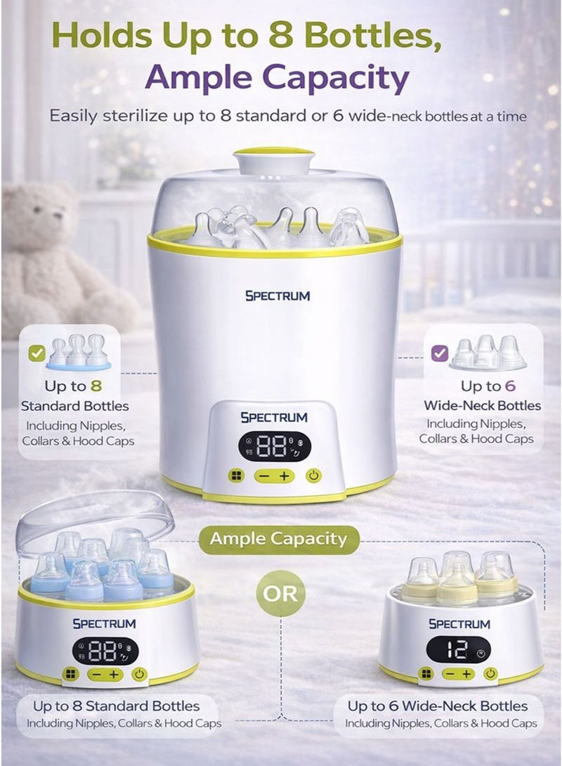 سبيكتروم جهاز تعقيم وتسخين زجاجات الرضاعة بالبخار متعدد الوظائف 5 في 1، رقمي، مناسب للأطفال حديثي الولادة والرضع. تعقيم بالبخار خالٍ من المواد الكيميائية، مصنوع من مادة البولي بروبيلين الآمنة غذائيًا والخالية من مادة BPA. يُعقم زجاجات الرضاعة، والحلمات، والأغطية، واللهايات، وأجزاء مضخة الثدي. يتسع لما يصل إلى 8 زجاجات قياسية أو 6 زجاجات ذات عنق عريض. يتميز بتسخين الحليب بسرعة عالية، ووظيفة الحفاظ على دفء الحليب، وجهاز تبخير طعام الأطفال، وجهاز سلق البيض مع رف للبيض. - Image 4